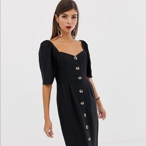 Black Button Midi Dress (Linen)